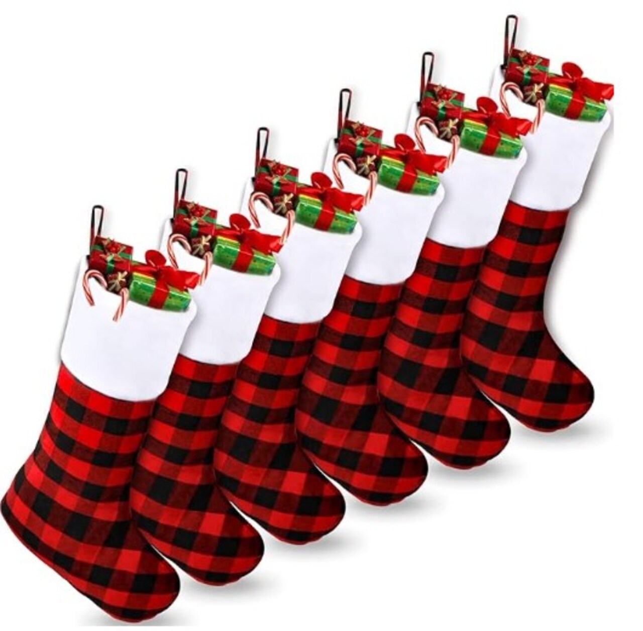 Christmas Stockings 6 Pack, 18 INCH Red Buffalo Plaid Christmas Stockings Bulk with White Plush Cuff, Classic Christmas Fireplace Hanging Stockings for Kids Adults Xmas Tree Party Decor